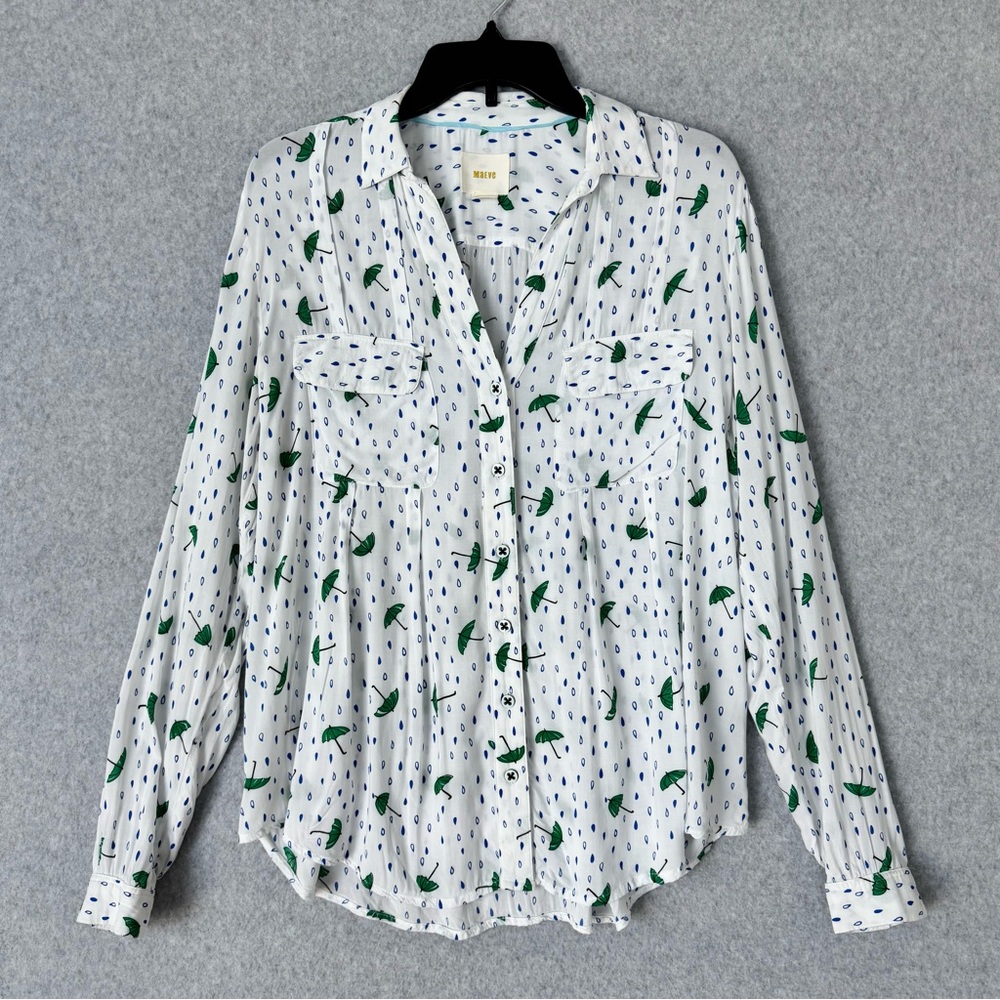 Maeve Anthropologie Womens White Green Umbrella Button Up Blouse Shirt Size 8